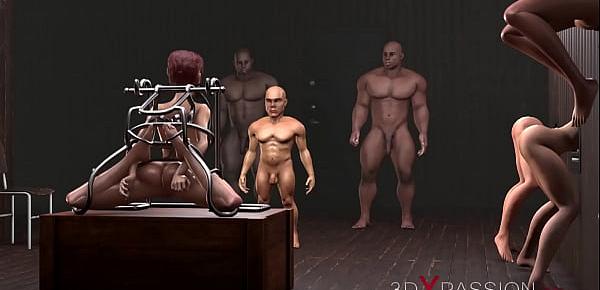  3dxpassion.com. Island. Part 3. Two black men and dwarf fuck young slaves in basement.